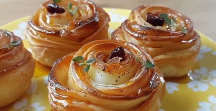 Mini fleurs de brie en feuilleté dorées au miel et garnies de canneberges et thym dans un moule à muffins