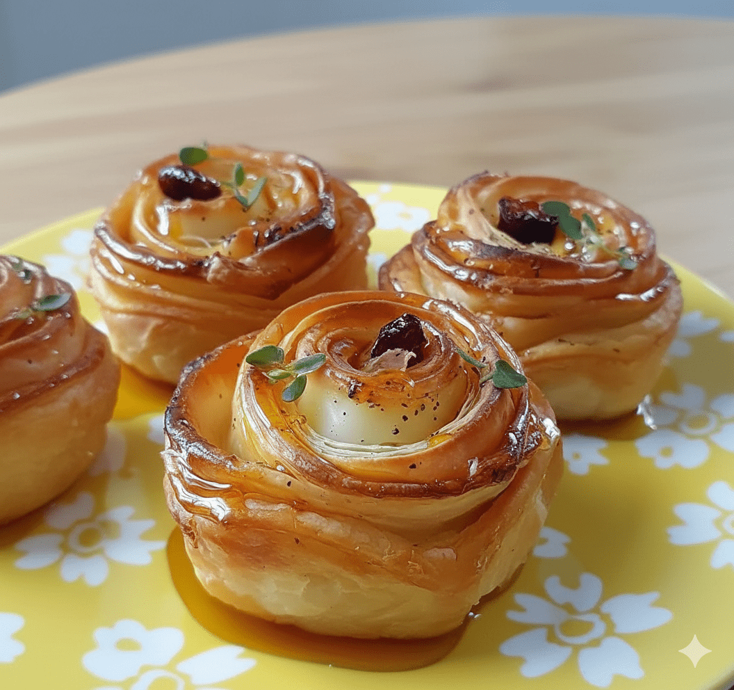 Mini fleurs de brie en feuilleté dorées au miel et garnies de canneberges et thym dans un moule à muffins