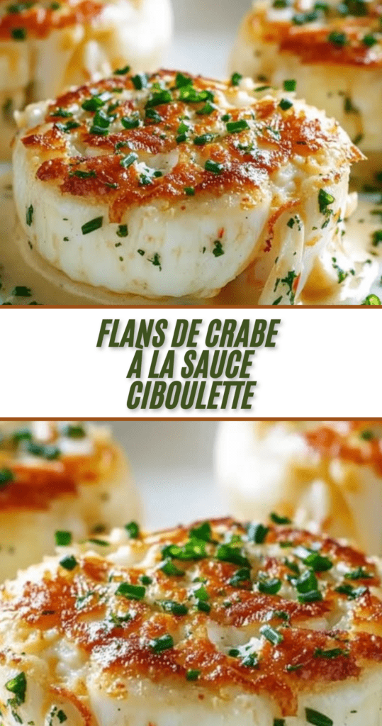 Flans de crabe démoulés, nappés de sauce à la ciboulette dans des assiettes