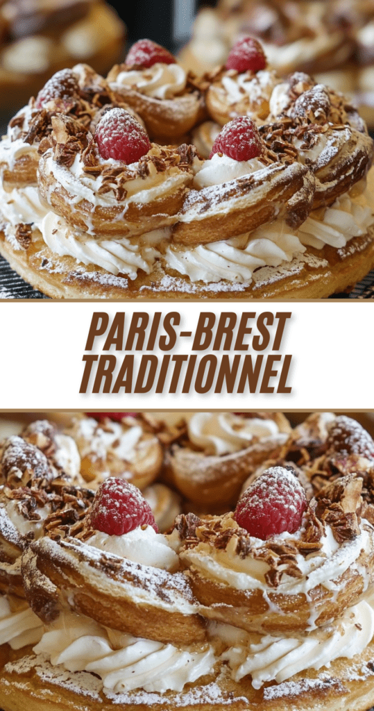 Paris-Brest traditionnel en couronne garni de crème mousseline pralinée et saupoudré de sucre glace