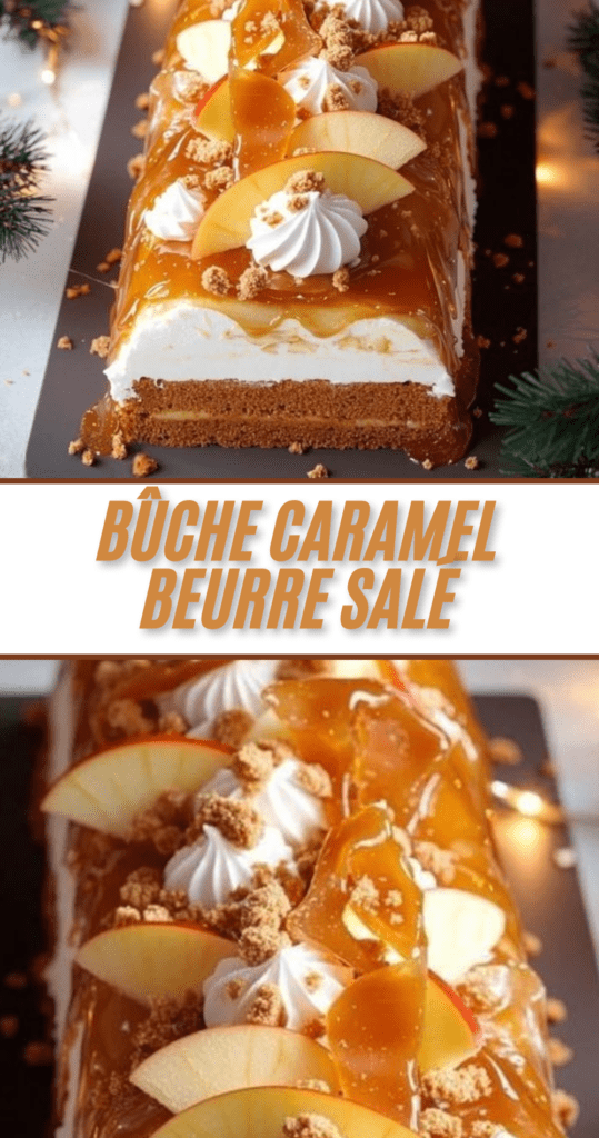 Bûche roulée au caramel beurre salé, pommes caramélisées et spéculoos décorée pour Noël