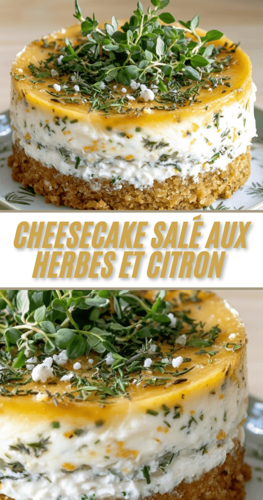 Cheesecake salé aux herbes et citron sur base biscuitée, décoré de thym frais