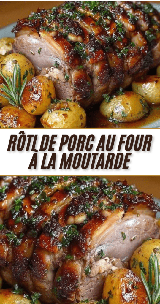 Rôti de porc au four badigeonné de moutarde avec pommes de terre grenailles dorées dans un plat