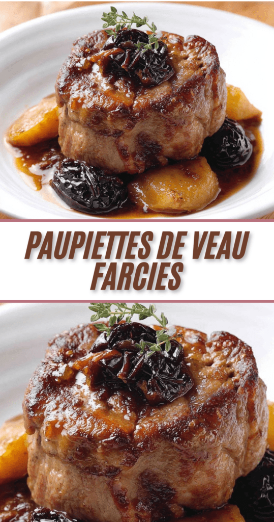 Assiette de paupiettes de veau farcies aux pruneaux nappées de sauce brune avec carottes