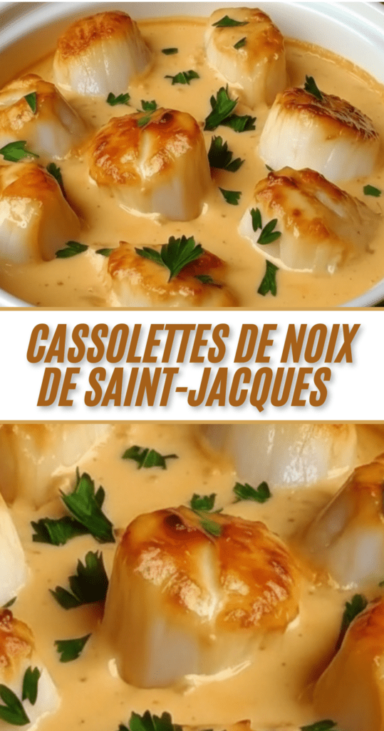 Cassolettes de noix de Saint-Jacques gratinées à la crème et persil dans de petits ramequins individuels