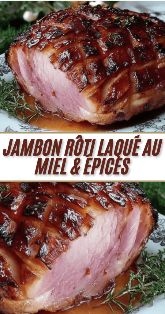 Jambon rôti laqué au miel et aux épices, doré et caramélisé, tranché dans un plat de service festif
