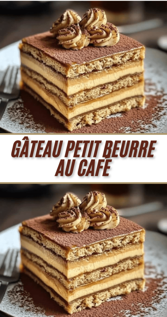 Gâteau Petit Beurre au café en couches, recouvert de crème cacao-vanille et de chocolat râpé dans un plat rectangulaire