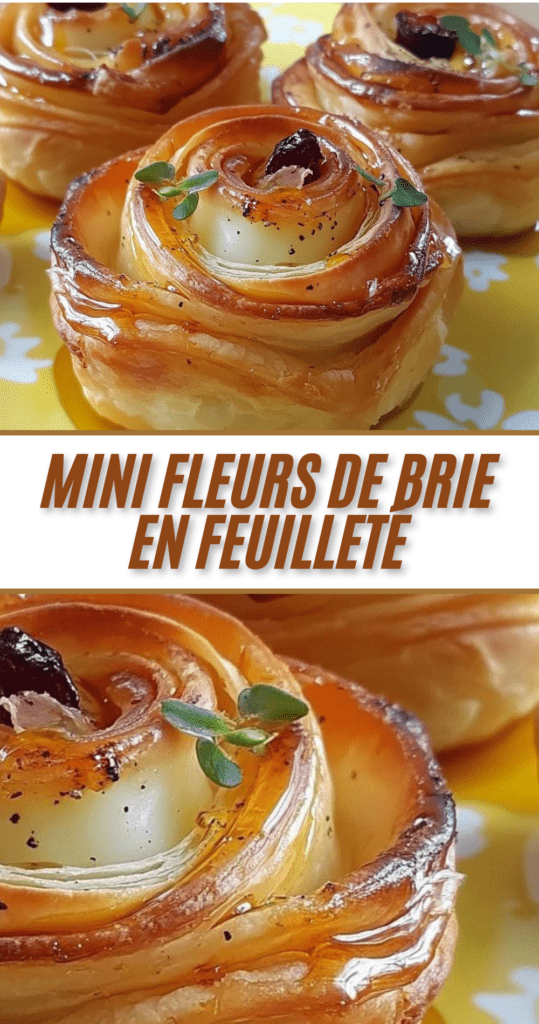 Mini fleurs de brie en feuilleté dorées au miel et garnies de canneberges et thym dans un moule à muffins