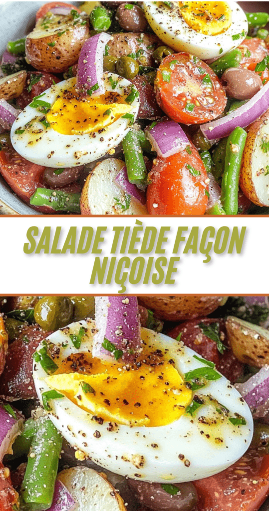 Assiette de salade niçoise tiède avec pommes de terre, œufs, haricots verts, tomates cerises et olives noires