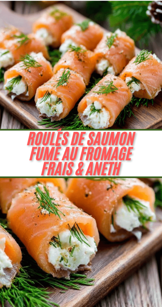 Roulés de saumon fumé garnis de fromage frais à l’aneth, coupés en bouchées et disposés sur un plateau apéritif