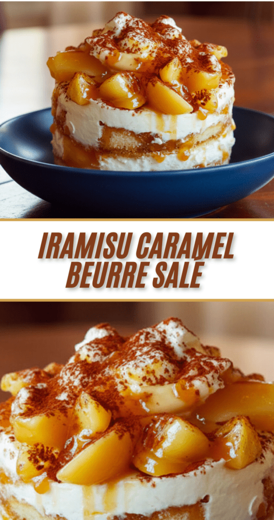 Part de tiramisu au caramel beurre salé avec pommes poêlées et cacao en poudre