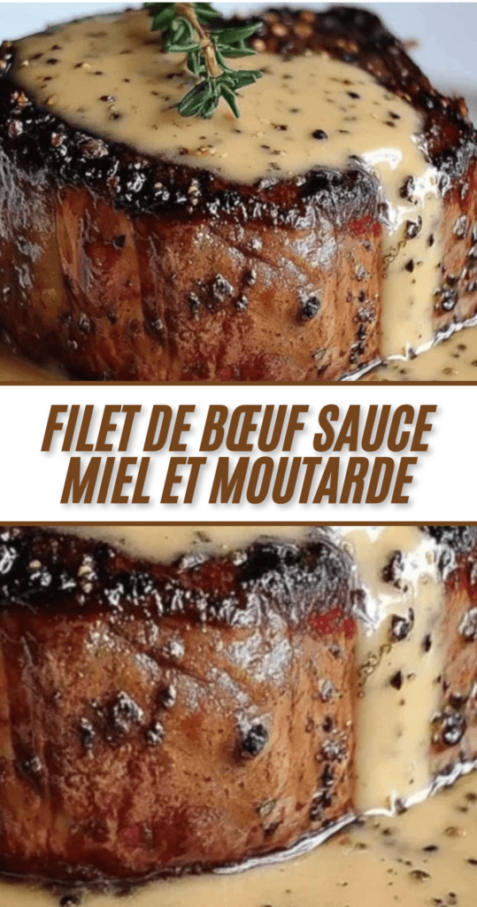 Médaillons de filet de bœuf nappés de sauce miel moutarde crémeuse, servis avec pommes de terre rôties