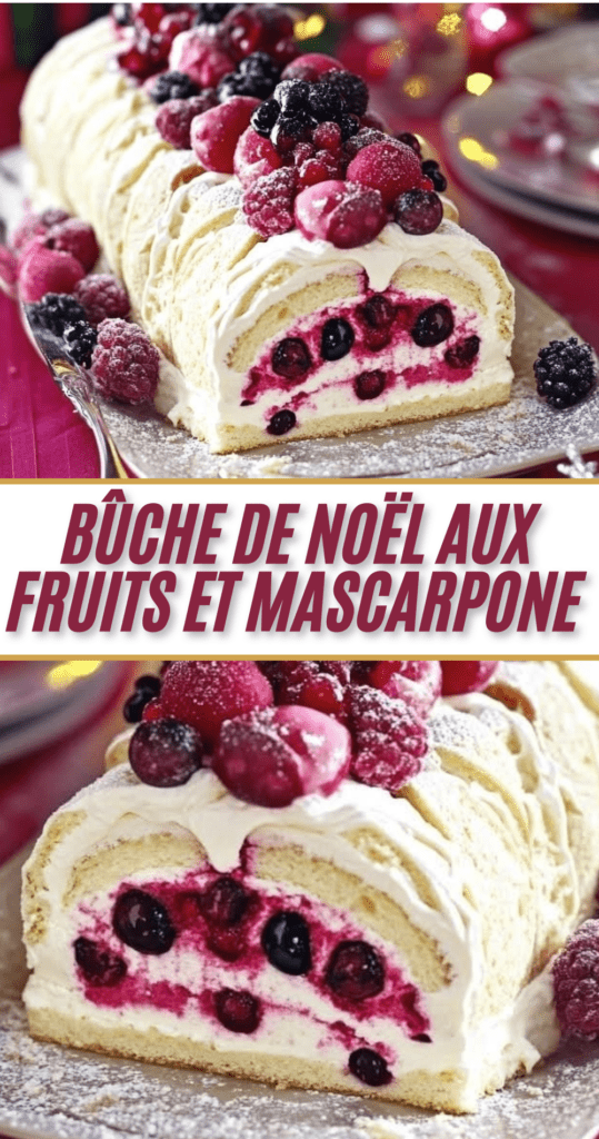 Bûche de Noël roulée au mascarpone et fruits frais, décorée de sucre glace, fruits et feuilles de menthe