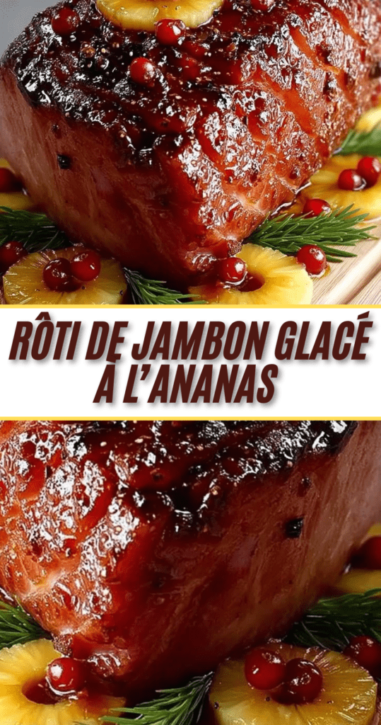 Rôti de jambon glacé au miel avec tranches d’ananas et cranberries caramélisées sur un plat de fête