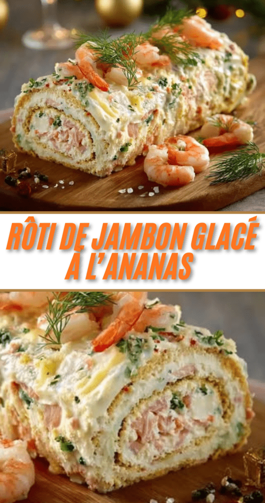 Bûche salée roulée garnie de fromage frais, crevettes et saumon fumé, décorée d’aneth