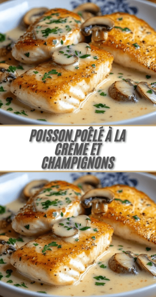 Filets de poisson blanc poêlés nappés de sauce crémeuse aux champignons et persil frais