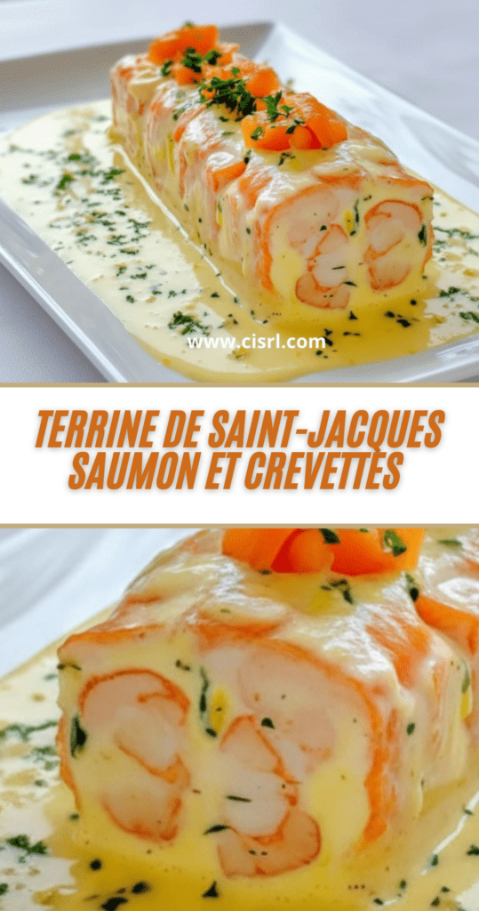 Tranches de terrine de Saint-Jacques, saumon et crevettes servies froides avec sauce crème citronnée et salade verte
