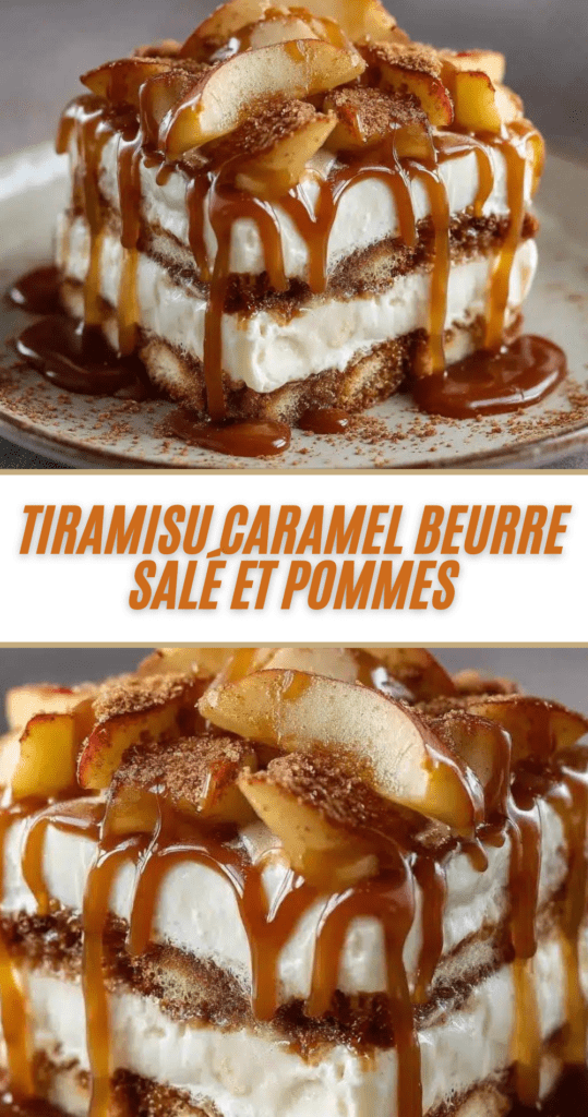 Verrine de tiramisu au caramel beurre salé et pommes poêlées, décorée de miettes de spéculoos
