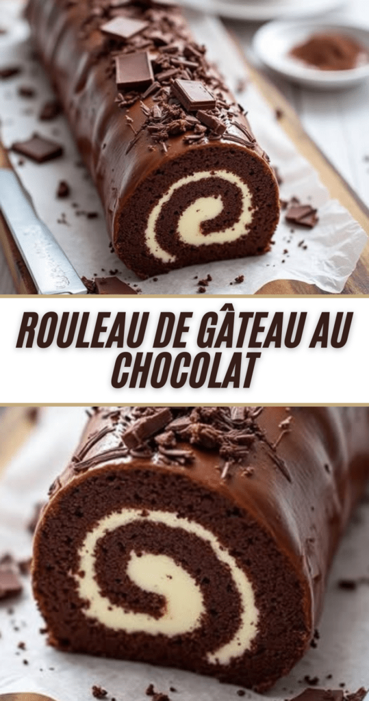 Roulé de gâteau au chocolat garni de crème fouettée à la vanille et recouvert de ganache brillante