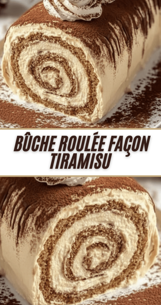 Bûche roulée façon tiramisu au café, garnie de crème mascarpone et saupoudrée de cacao