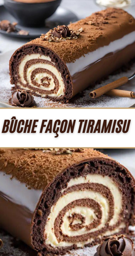 Bûche Façon Tiramisu roulée, saupoudrée de cacao, garnie de crème mascarpone au café sur un plat de fête