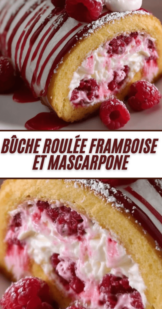 Bûche roulée framboise et mascarpone, génoise roulée garnie de crème blanche et de framboises fraîches, saupoudrée de sucre glace