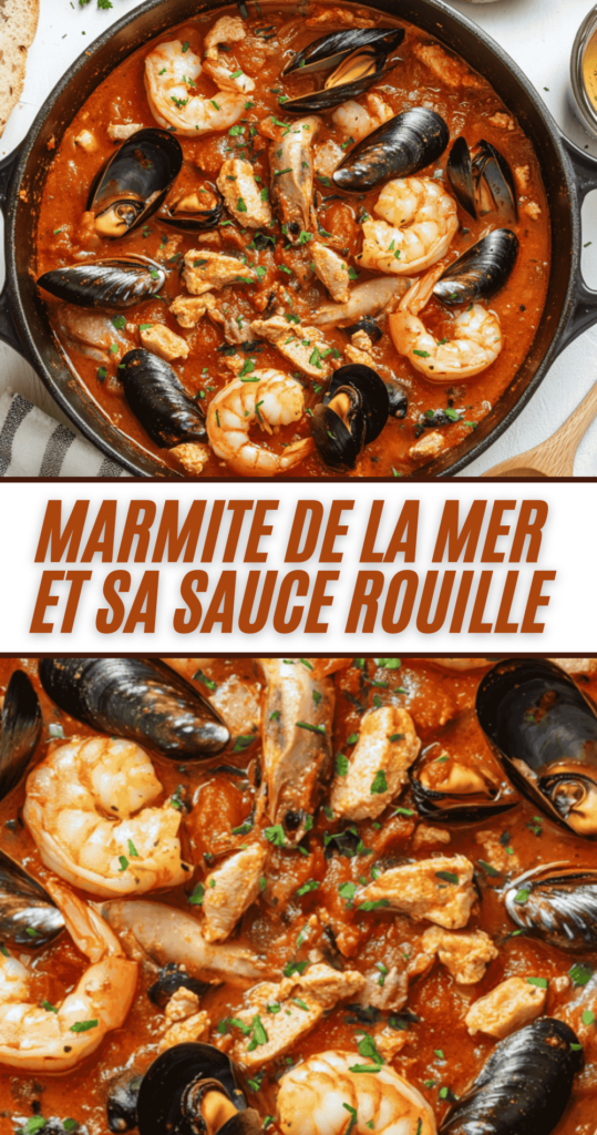 Marmite de la mer servie en cocotte avec fruits de mer et sauce rouille à côté