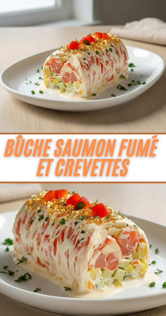 Bûche salée roulée au saumon fumé et crevettes, décorée de concombre et poivron rouge sur un plat de fête