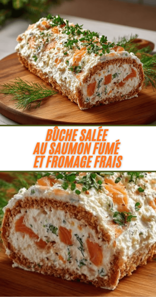 Bûche salée au saumon fumé et fromage frais, dressée sur un plat de fête et décorée d’herbes fraîches