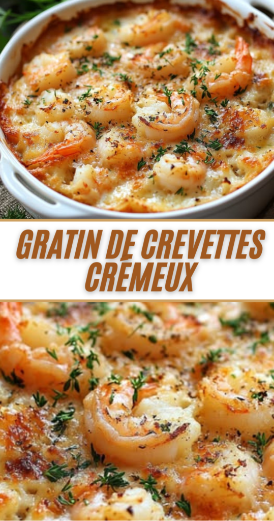 Gratin de crevettes crémeux au four, doré au fromage avec persil frais dans un plat familial