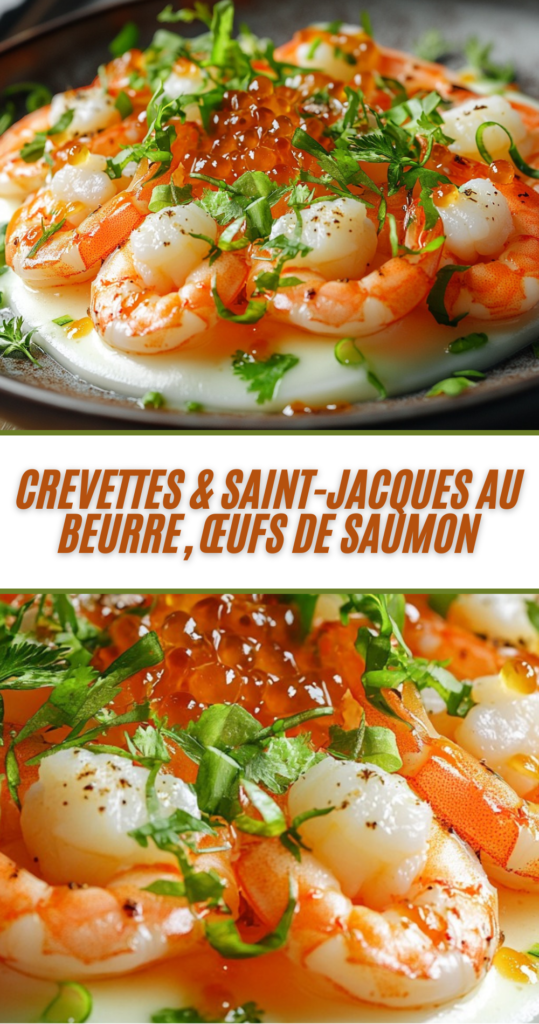 Assiette de crevettes et noix de Saint-Jacques au beurre, garnie d’œufs de saumon et d’herbes fraîches