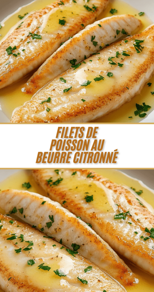 Assiette de filets de poisson blanc nappés de beurre citronné et persil frais