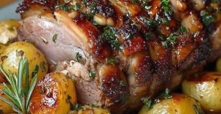 Rôti de porc au four badigeonné de moutarde avec pommes de terre grenailles dorées dans un plat