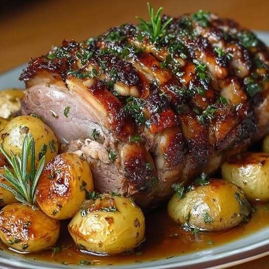 Rôti de porc au four badigeonné de moutarde avec pommes de terre grenailles dorées dans un plat