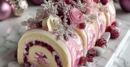 Bûche framboise vanille avec glaçage marbré rose et décor fruits