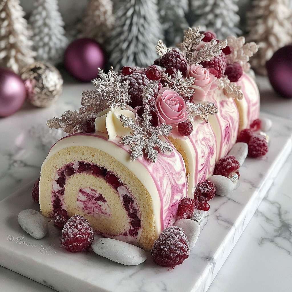 Bûche framboise vanille avec glaçage marbré rose et décor fruits