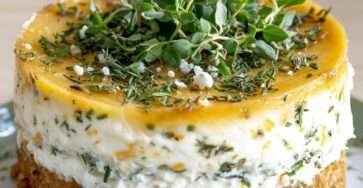 Cheesecake salé aux herbes et citron sur base biscuitée, décoré de thym frais