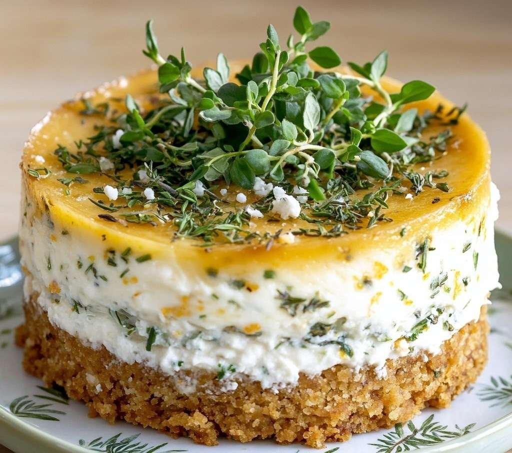 Cheesecake salé aux herbes et citron sur base biscuitée, décoré de thym frais