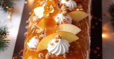Bûche roulée au caramel beurre salé, pommes caramélisées et spéculoos décorée pour Noël