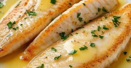 Assiette de filets de poisson blanc nappés de beurre citronné et persil frais
