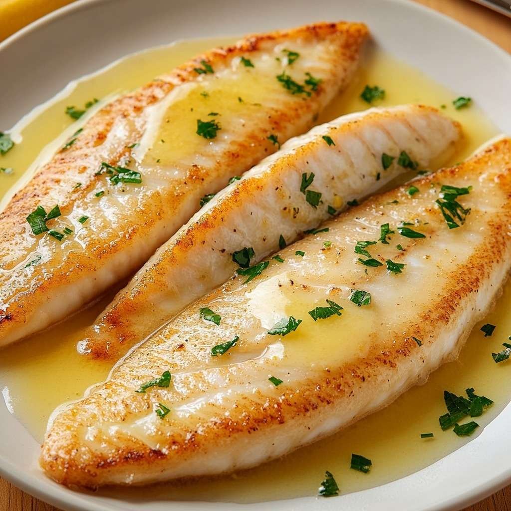 Assiette de filets de poisson blanc nappés de beurre citronné et persil frais