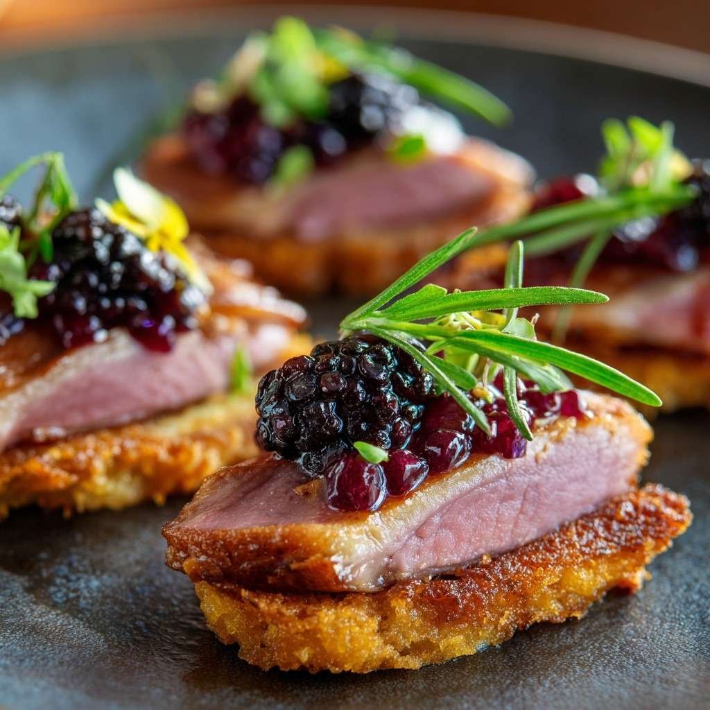 Assiette de salade de roquette avec lamelles de pomme tiède et tranches de magret fumé