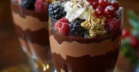 Verrines cheesecake chocolat et Baileys décorées de chantilly et fruits rouges