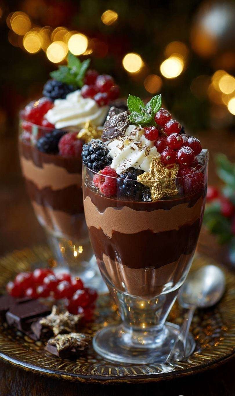 Verrines cheesecake chocolat et Baileys décorées de chantilly et fruits rouges