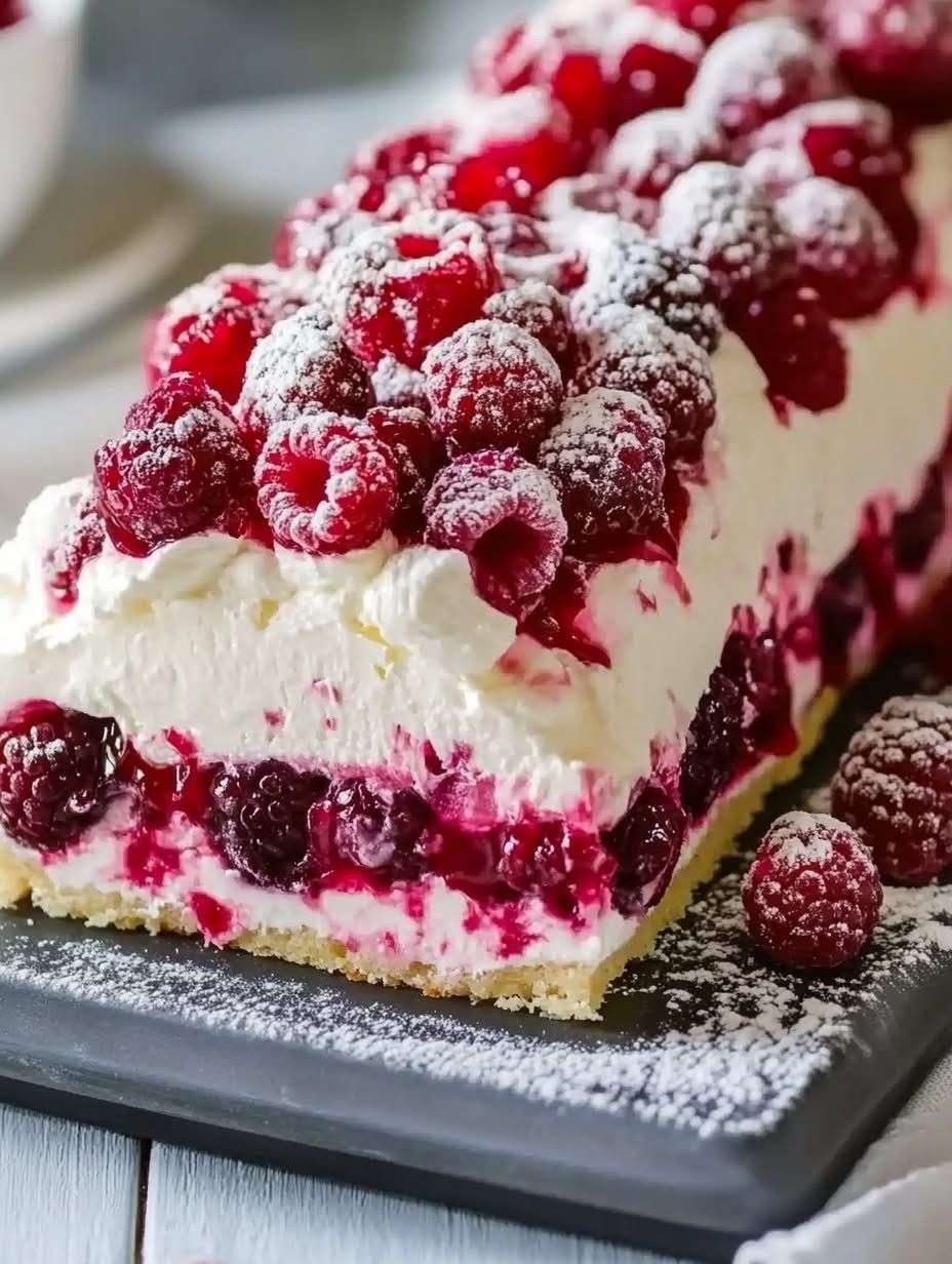 Bûche mascarpone framboise sans cuisson décorée de framboises fraîches