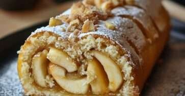 Gâteau roulé aux pommes garni de pommes caramélisées et saupoudré de sucre glace