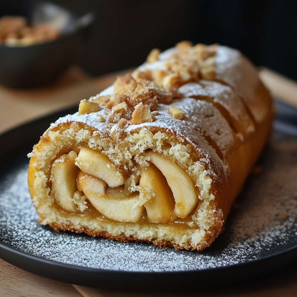 Gâteau roulé aux pommes garni de pommes caramélisées et saupoudré de sucre glace