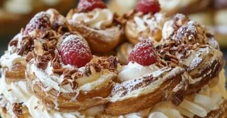 Paris-Brest traditionnel en couronne garni de crème mousseline pralinée et saupoudré de sucre glace