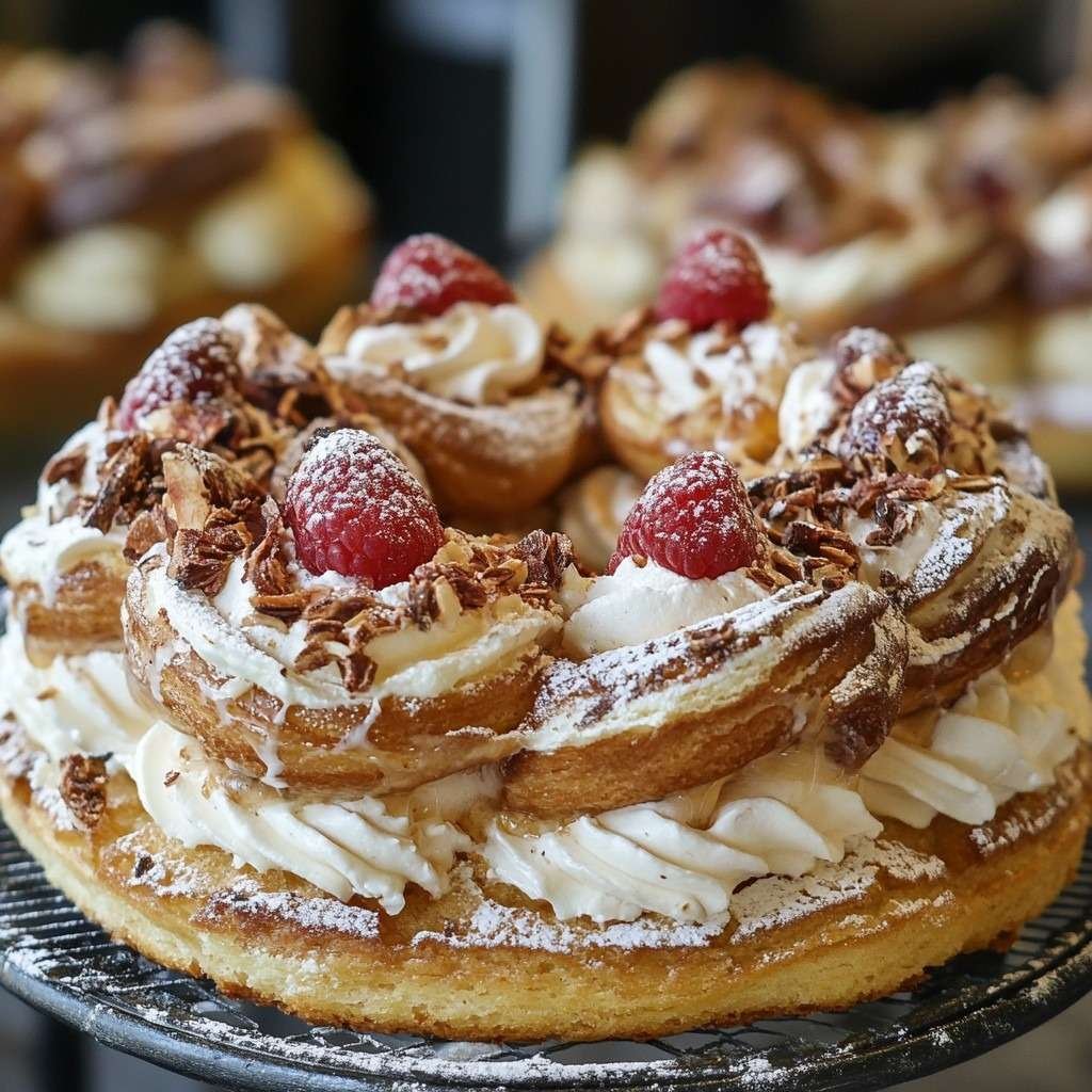 Paris-Brest traditionnel en couronne garni de crème mousseline pralinée et saupoudré de sucre glace