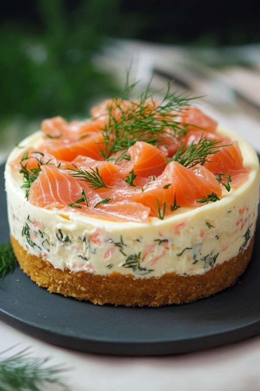 Cheesecake au saumon fumé sur base de biscuits salés, décoré de ciboulette fraîche dans une assiette raffinée